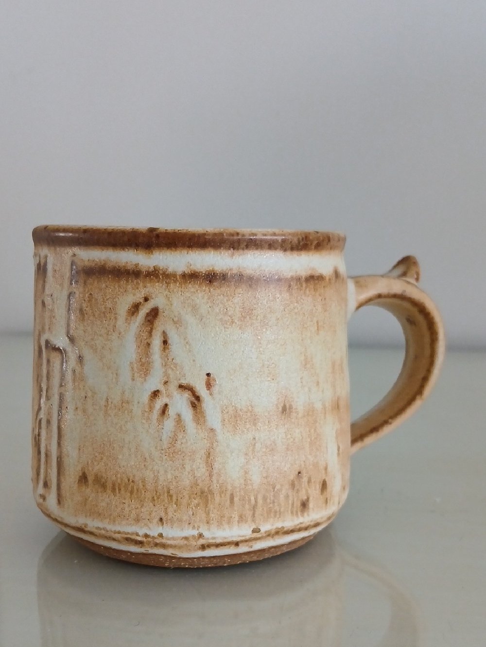 Studio Pottery Mug 12 Oz Thumb Rest Bamboo Pattern Signed Kosmicki Vintage 1970s